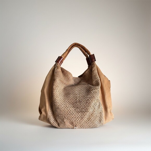 49 Square Miles Nubuck Leather Slouchy Hobo Shoulder Bag Perforated Tan Tote - Picture 14 of 14